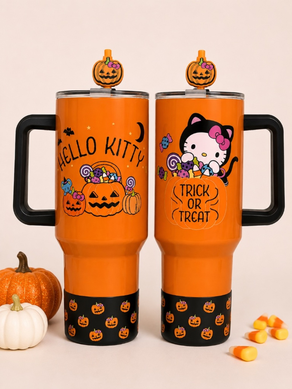 2pc Hello Kitty Halloween 40oz Tumblers Bioworld Pumpkin Straw Topper NEW